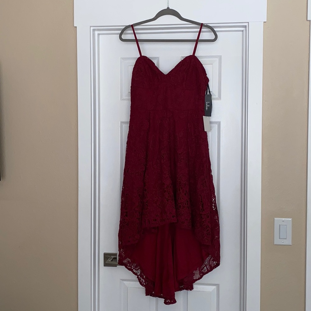 Lulus burgandy lace high-lo dress